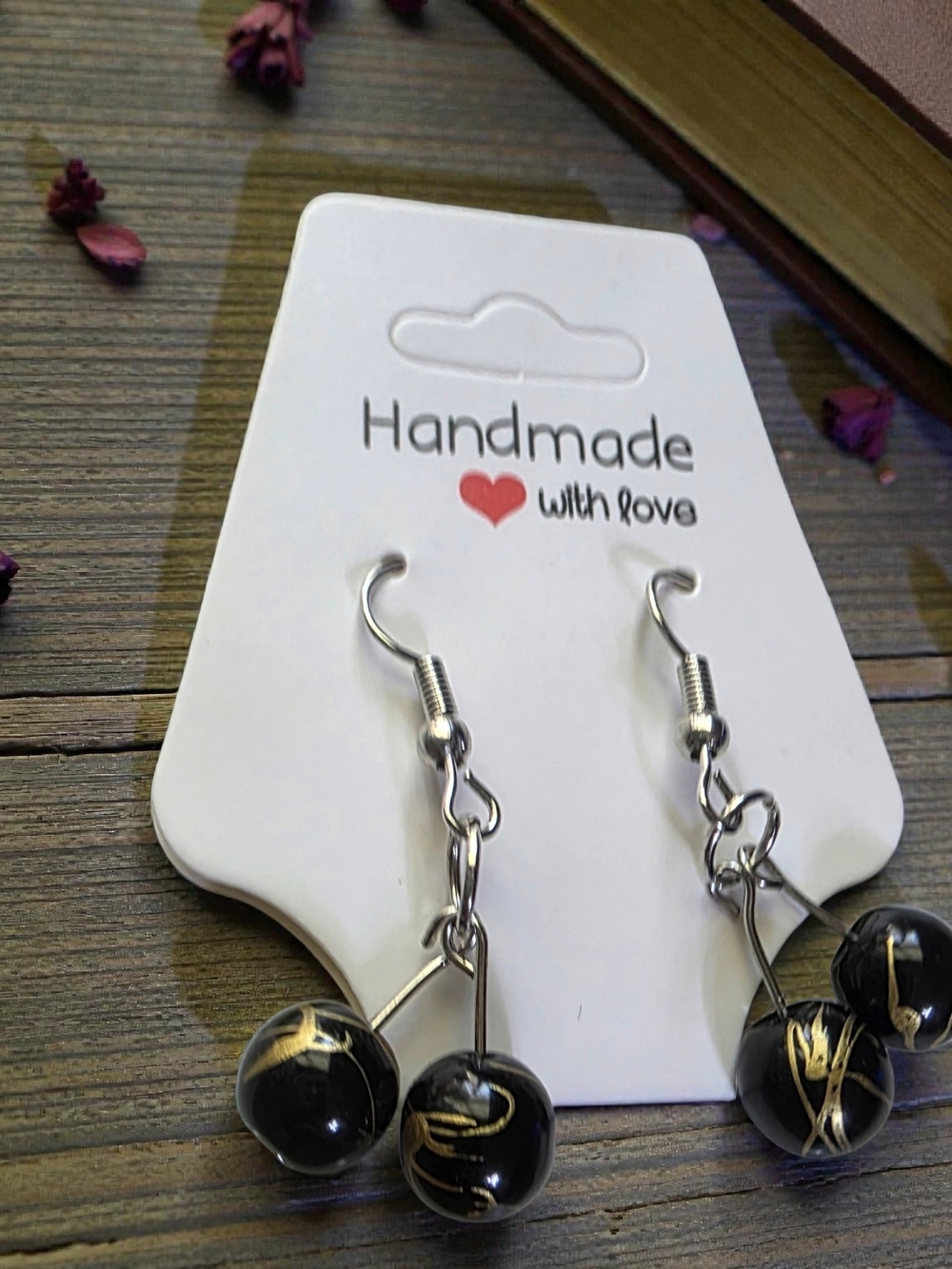 Handmade Black Gold Cherry Dangle Earrings Asian Style Painted Bead NWT
